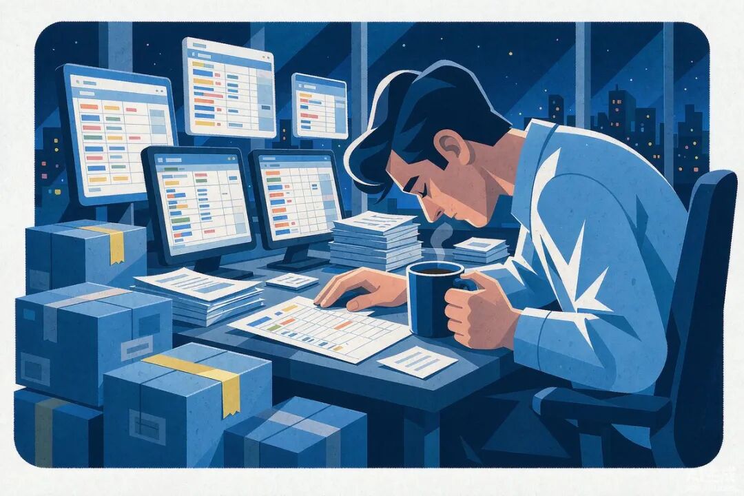一个人、几块屏幕、一堆等着手工搬上线的货——上架慢，根子就在这里